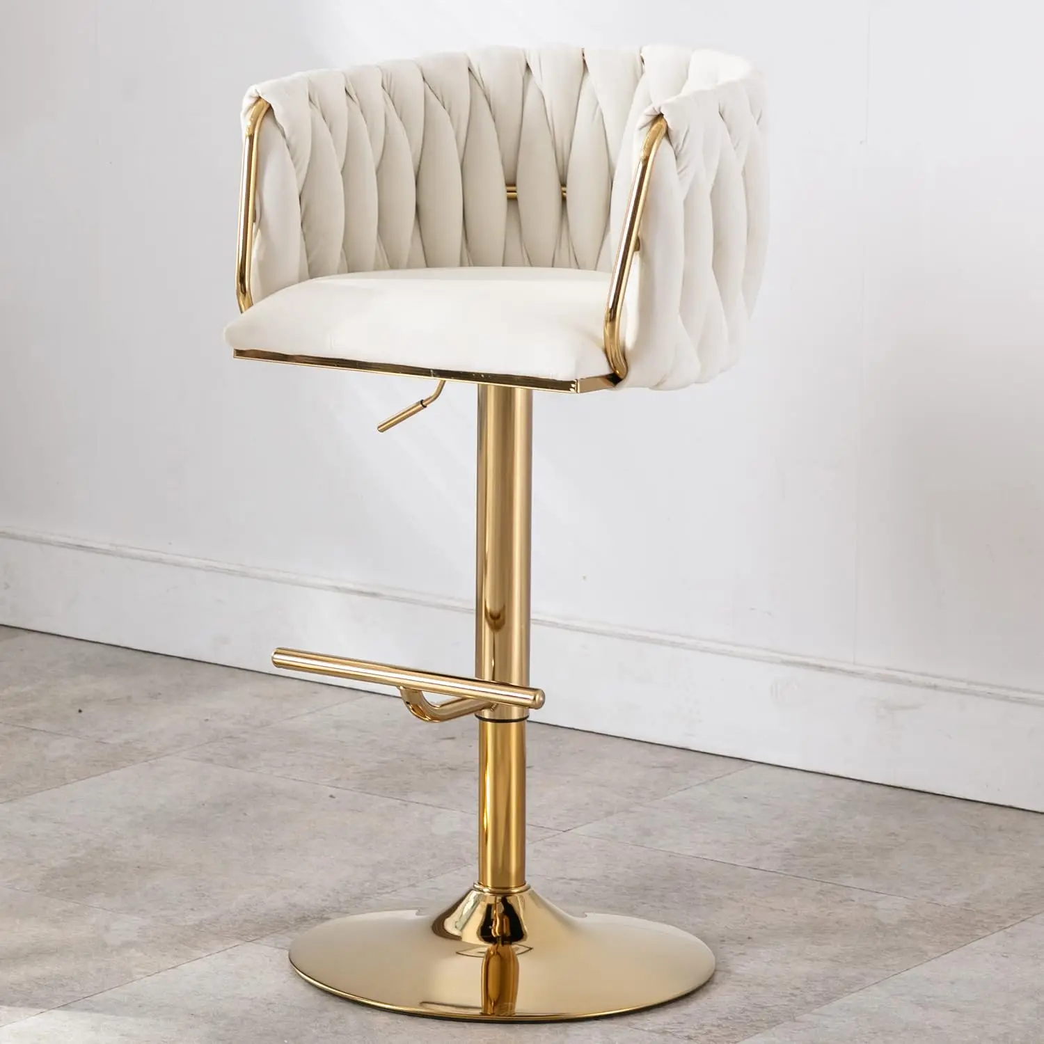 Velvet Swivel Bar Stool Adjustable Height Barrel Back Kitchen Island Counter Chair Golden Base White, Customized