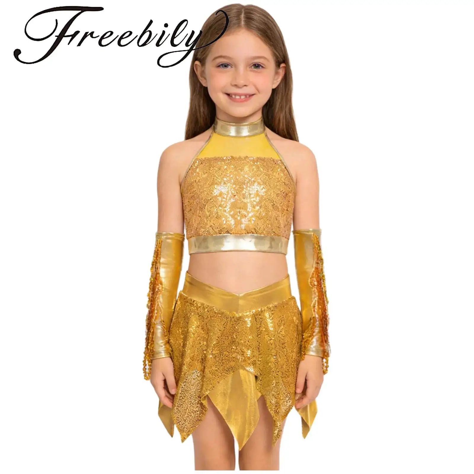 

Kids Girls Sequins Jazz Dance Outfit Keyhole Back Sparkly Crop Top with Asymmetric Metallic Skirt And Sequined Tassels Gloves