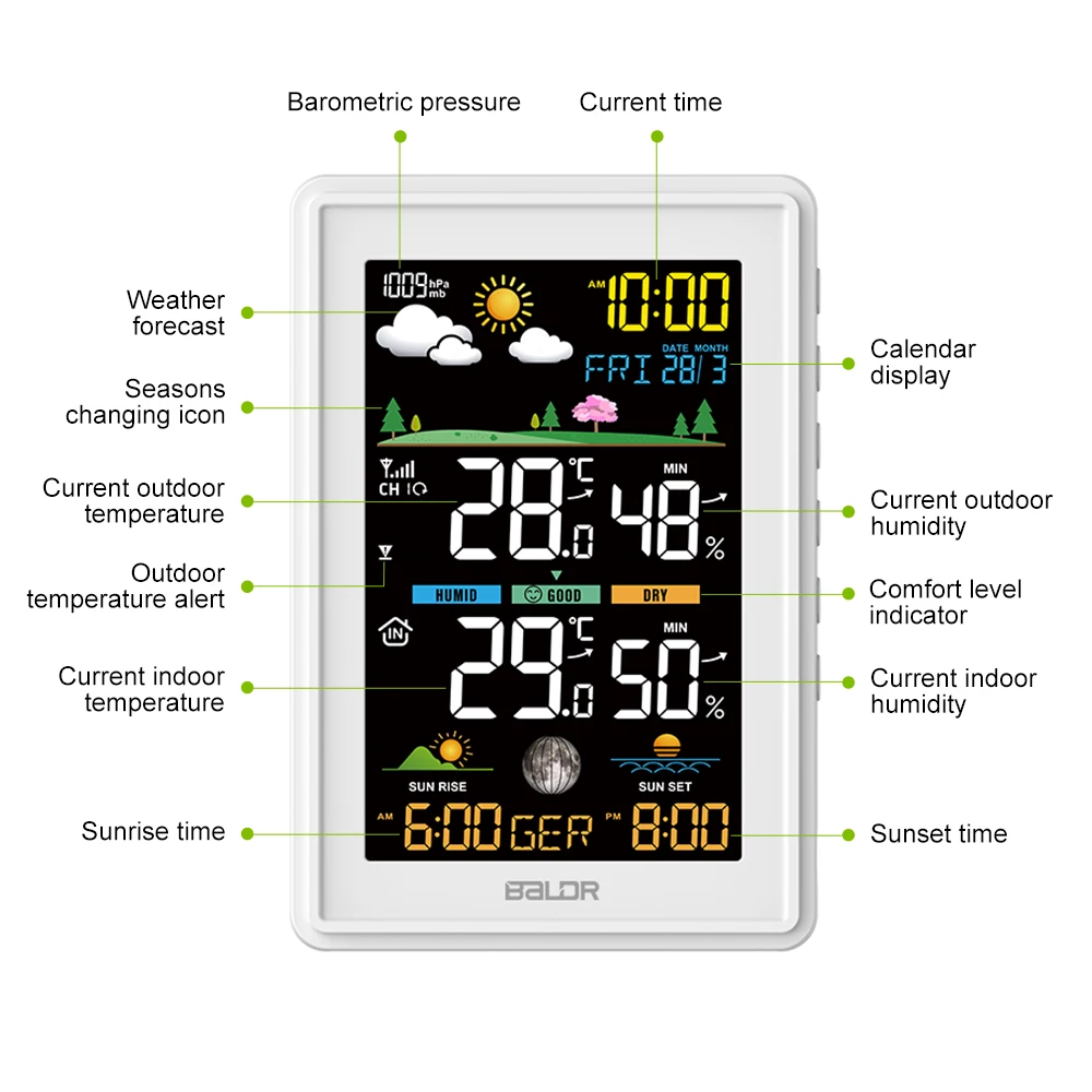 Baldr Wireless Color Weather Station Alarm Clock Digital Humidity Temperature Monitor Barometer Forecast Trend Moon Phase -40℃