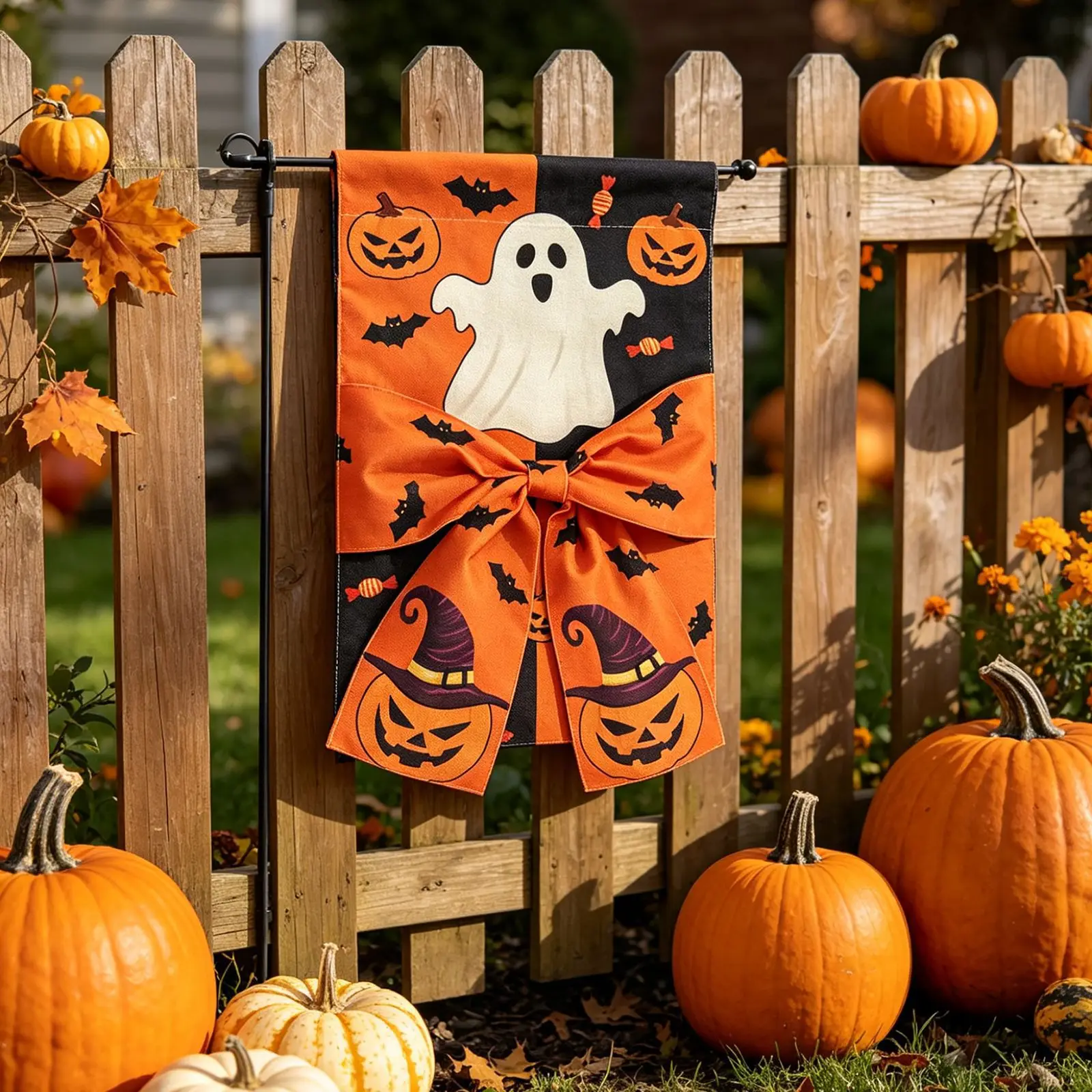 2 Stück Halloween Gartenläufer Digital Bedruckt Doppelseitiger Leinenstoff Schleifendekoration Hofläufer – Detail 15