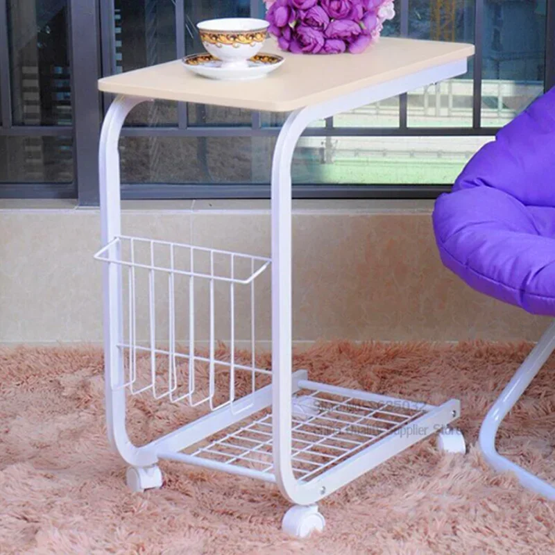 Iron Living Room Table, Movable Sofa Side Table, Corner Coffee Stand, Simple Wheel-Based Lazy Table, Mobile Furniture, 2-Layer