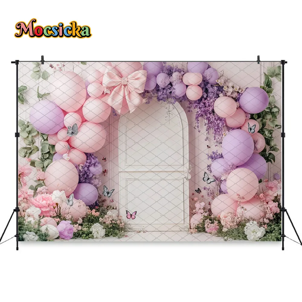 Mocsicka الوردي الأرجواني الجنية الباب التصوير خلفية بالون فراشة زهرة القوس خلفية الفتيات عيد ميلاد الأميرة صورة