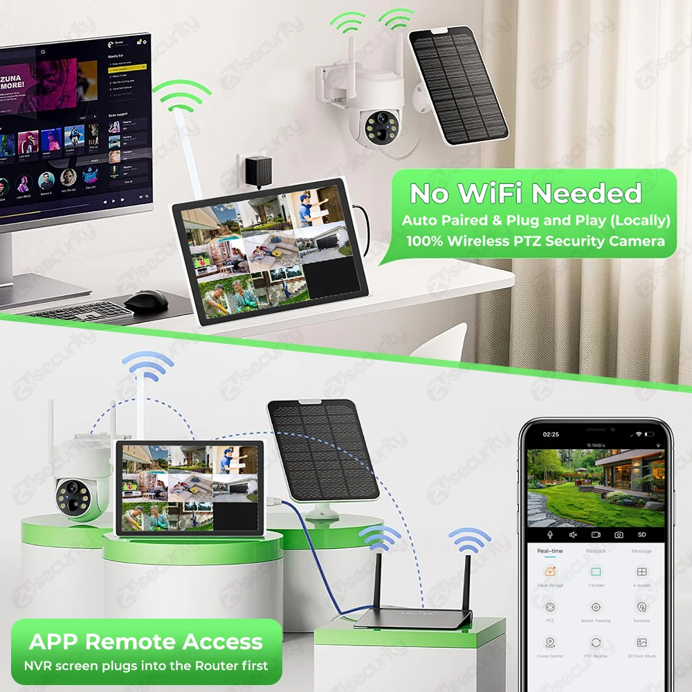 Imagem -02 - Sistema de Câmera Solar sem Fio ao ar Livre Pcs mp Câmeras Alimentadas por Bateria Kit Nvr de Monitor Lcd de Canais de 101 Câmeras de Vigilância Cctv 2.4g Wifi Conjunto de Câmera ip Ptz 360 ° Detecção de Movim