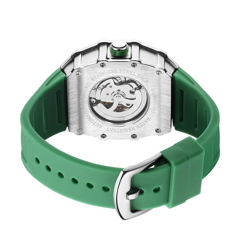 MEGIR & RUIMAS-Montre automatique verte pour homme, montre-bracelet mécanique étanche, bracelet en silicone, cadran tonneau, mode sport, 341