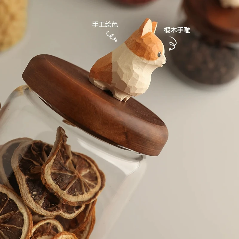 

Glass Airtight Jar Wood Carving Snack Container Moisture Proof Canister for Dry Goods Kitchen Storage Bottle for Cereals & Nuts