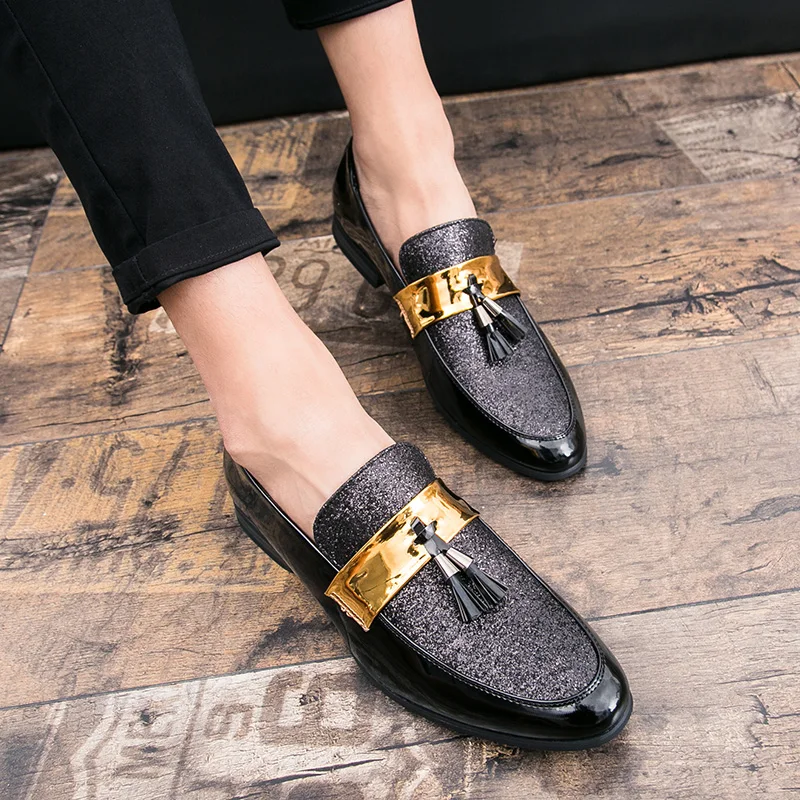 Men Loafers PU Splicing Tassel Knot Decoration Round Toe Low Heel Anti Slip Business Men Casual Shoes