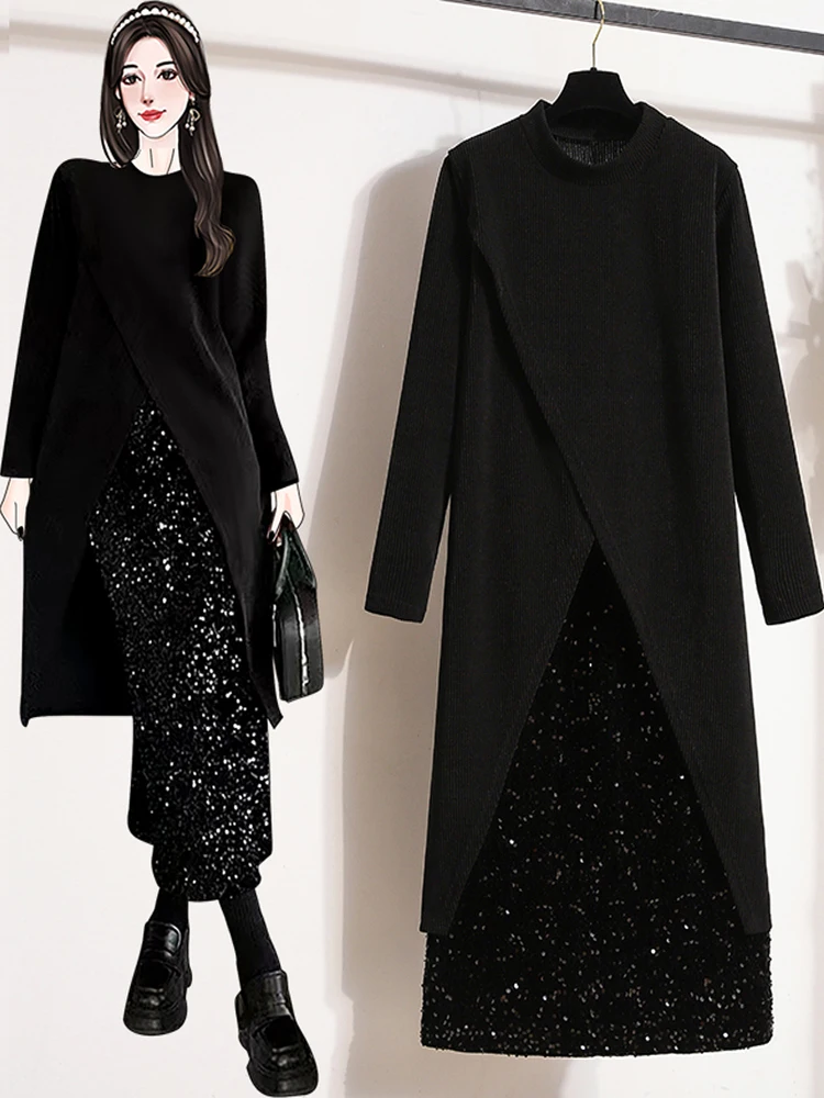 

plus Size Women's Fashion Set Sparkling Slimming High Waist A-Line Skirt Long Sleeve Mid-Length Korean Style Commute Wear