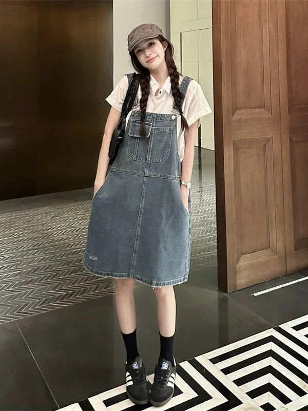 plus Size Women's Vintage Distressed Denim Overalls Short A-Line Skirt Summer New Style Slimming High Waist Commute Wind