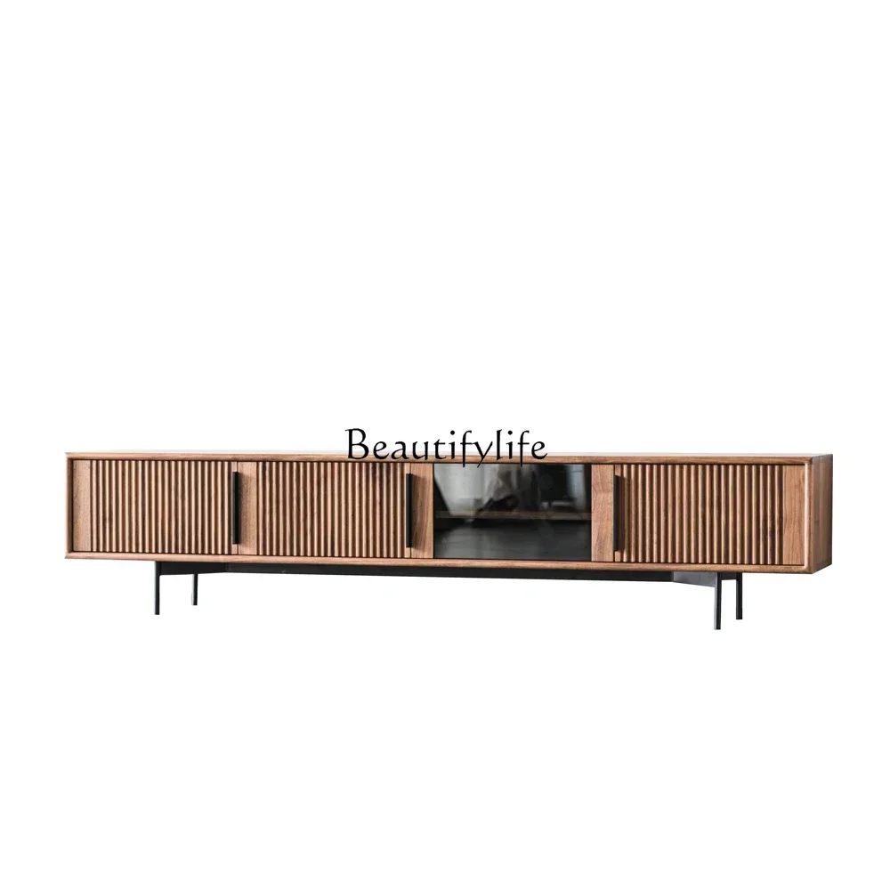 

LNordic solid wood TV cabinet oak wrought iron light luxury small apartment walnut color floor cabinet