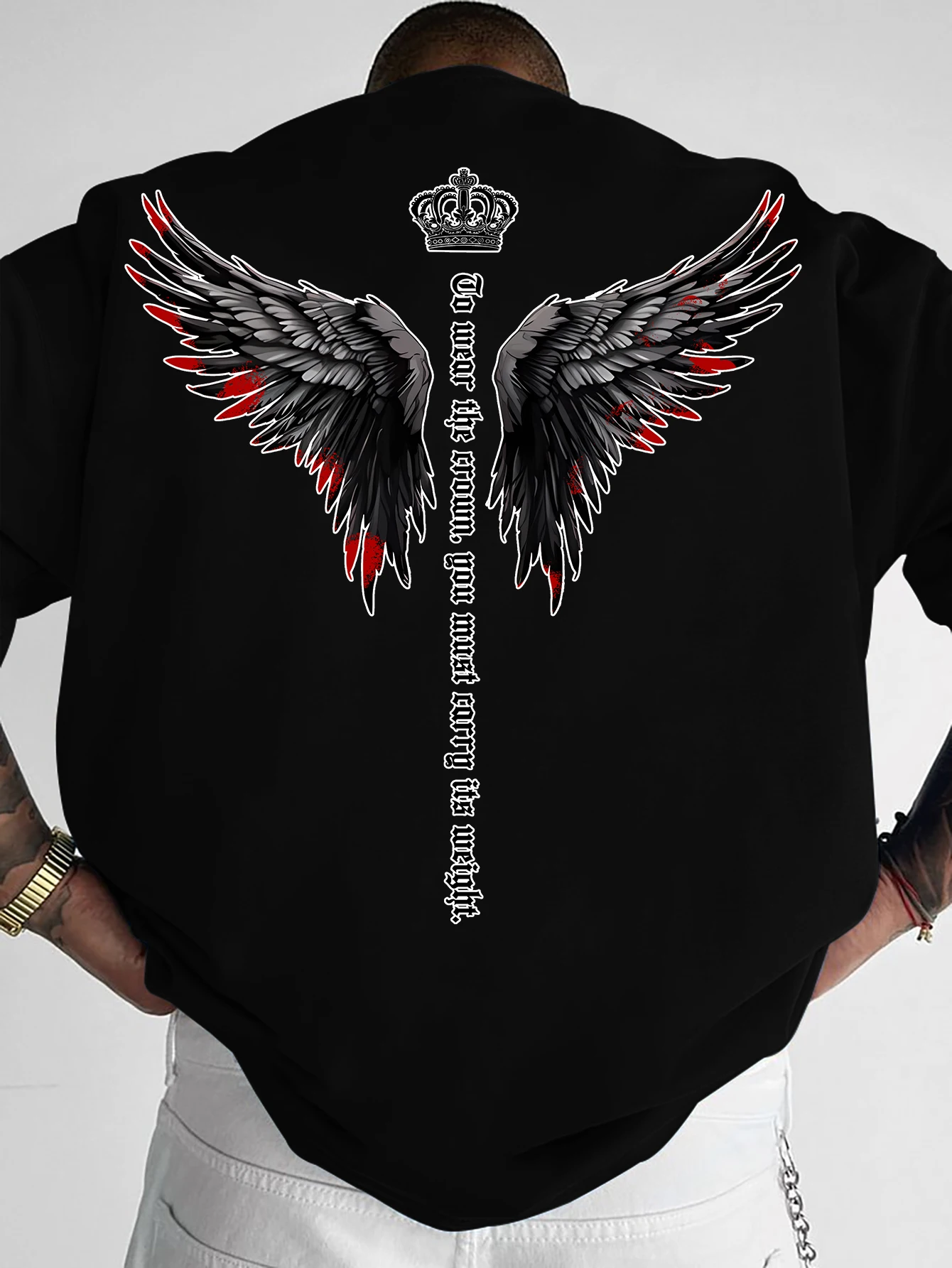 Printed T-shirt for Men New Summer Fashion Dark Angel Wings Crown Printed Tee Machine Washable S-XXL