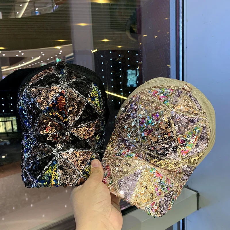 New Four Seasons Mesh Sequined Hat Female Breathable Sun Visor Travel Fashion Joker Korean Baseball Cap Cap.