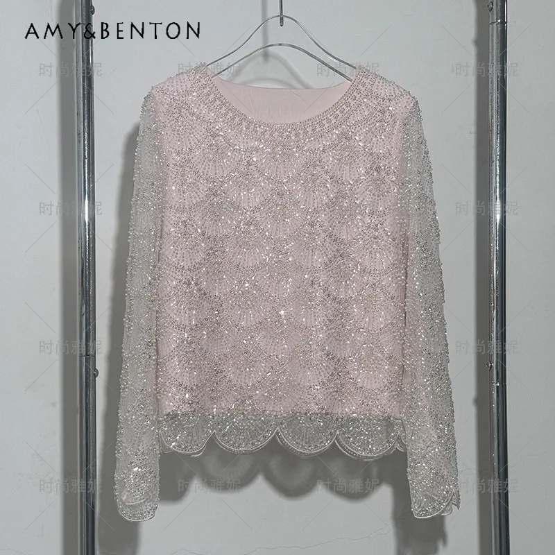 

Новая женская блузка с пайетками и кружевом, с круглым вырезом, длинными рукавами, универсальная, свободного кроя, с рукавами «рыбья чешуя», расшитая бисером и жемчугом