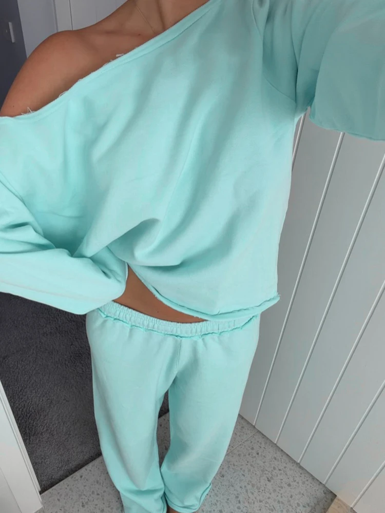 Weird Puss Lässiges, bequemes 2-teiliges Set für Damen, Herbsttrend, schräger Kragen, T-Shirts mit langen Ärmeln + lange Hosen, schlichte Outfits – Detail 16