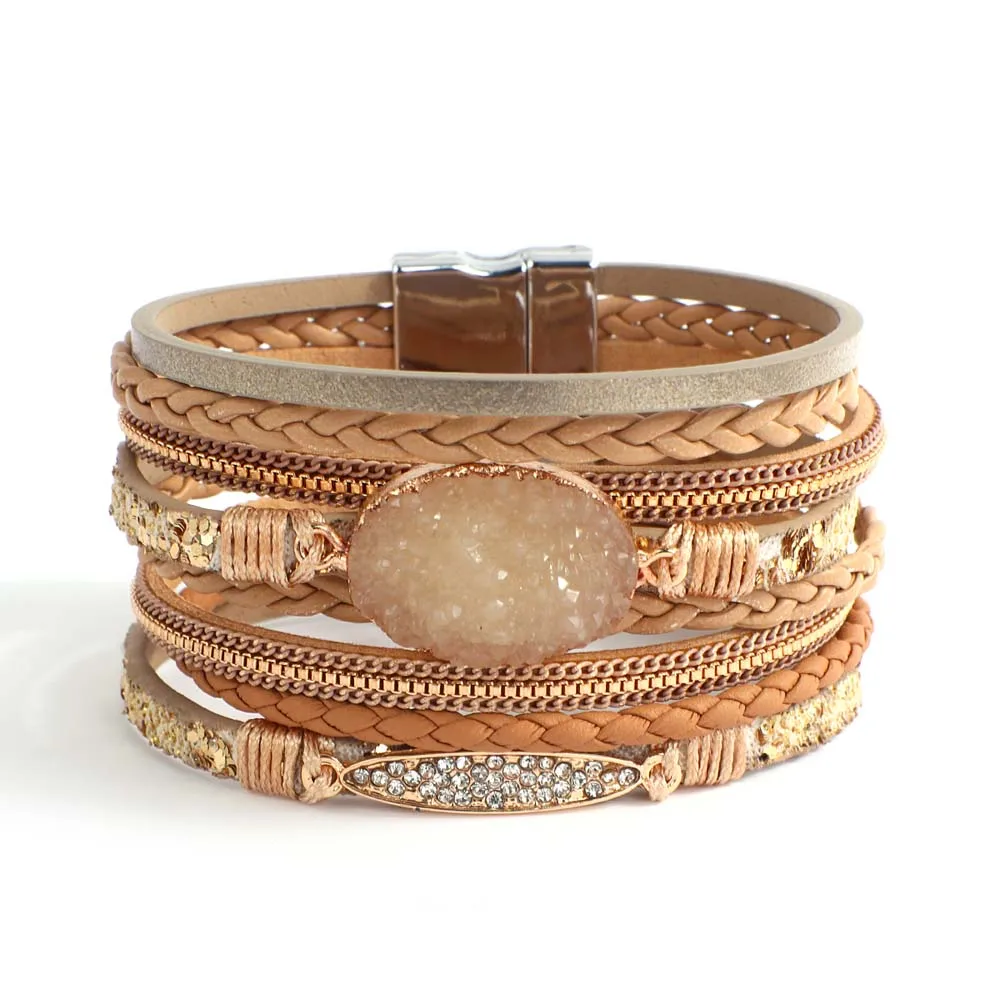 ALLYES Vintage Natural Stone Leather Bracelet for Women Boho Crystal Multilayer Braided Wrap Wide Bracelets Charm Jewelry