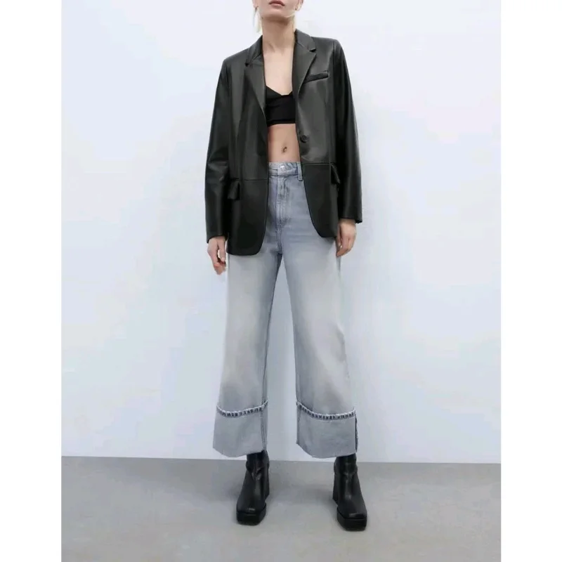 Automne nouveauté femmes américain Sle Long Sve Tube droit PU effet cuir costume Jaet décontracté Faion Ele
