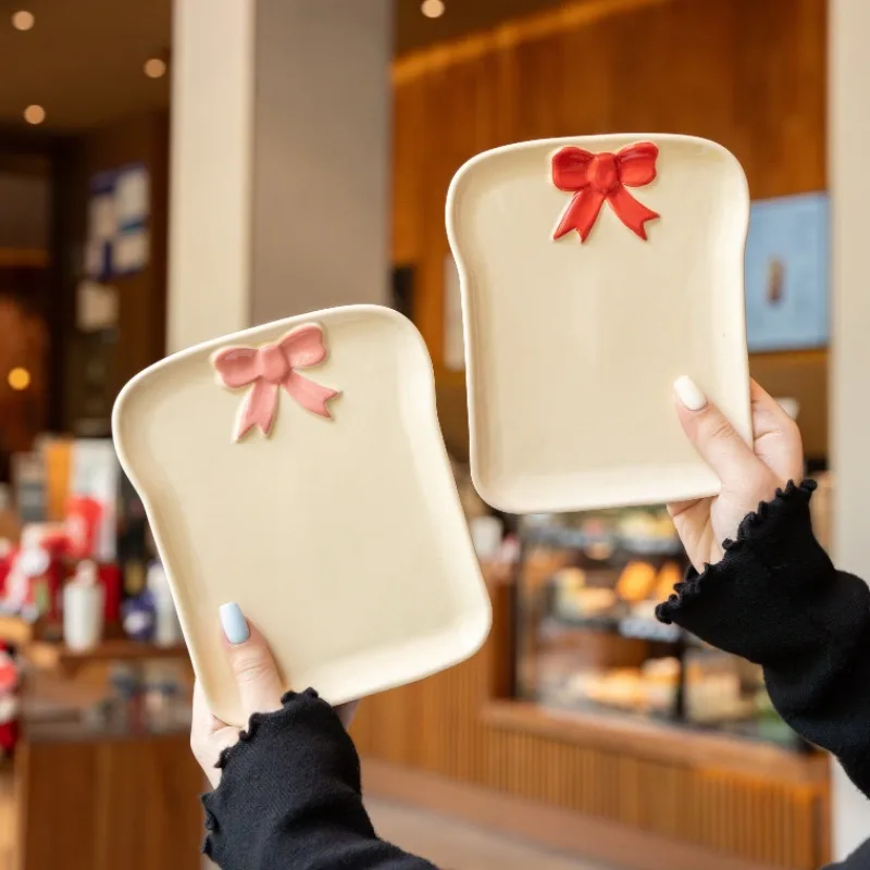 Pink Ceramic Underglaze Bowknot Square Plate - Toast Plate, Afternoon Tea Pastry Dish & Cake/Bread Plate for Daily Dining