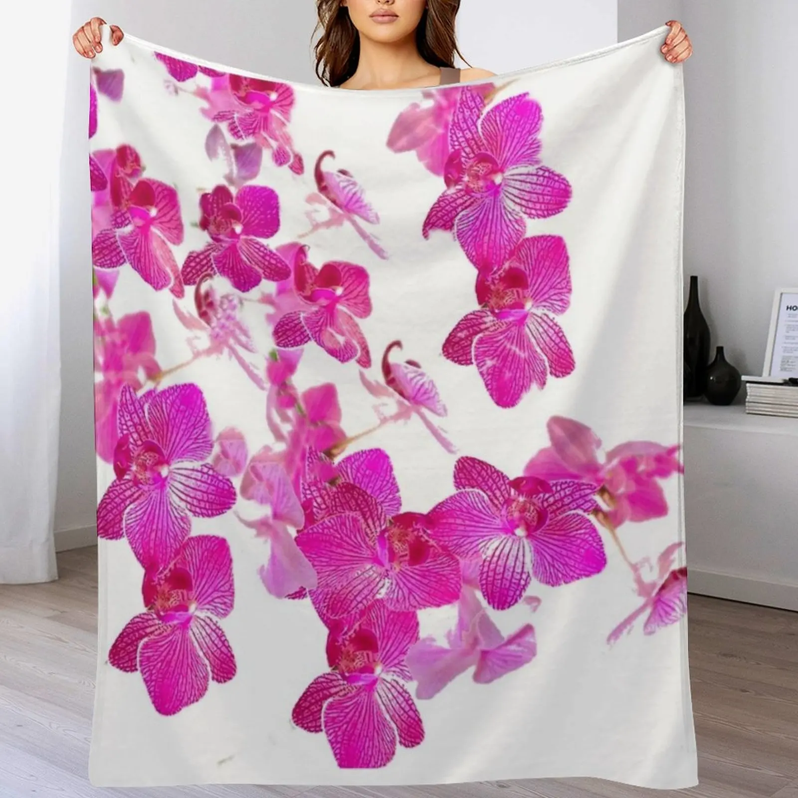 FUCHSIA PINK ORCHIDS PATTERNS WHITE ART Throw Blanket Nap For Decorative Sofa Flannels Winter beds Blankets