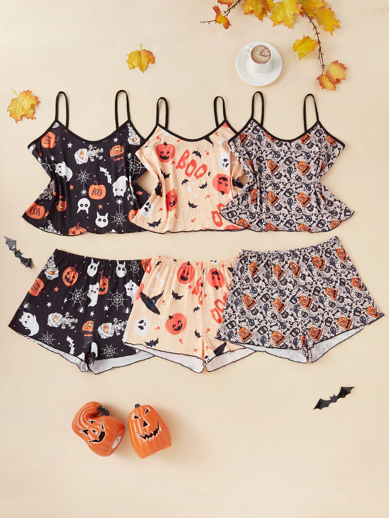 Six-piece new style for women: Halloween printed halter shorts, cartoon pumpkin pattern casual home wear, soft and comfortable p