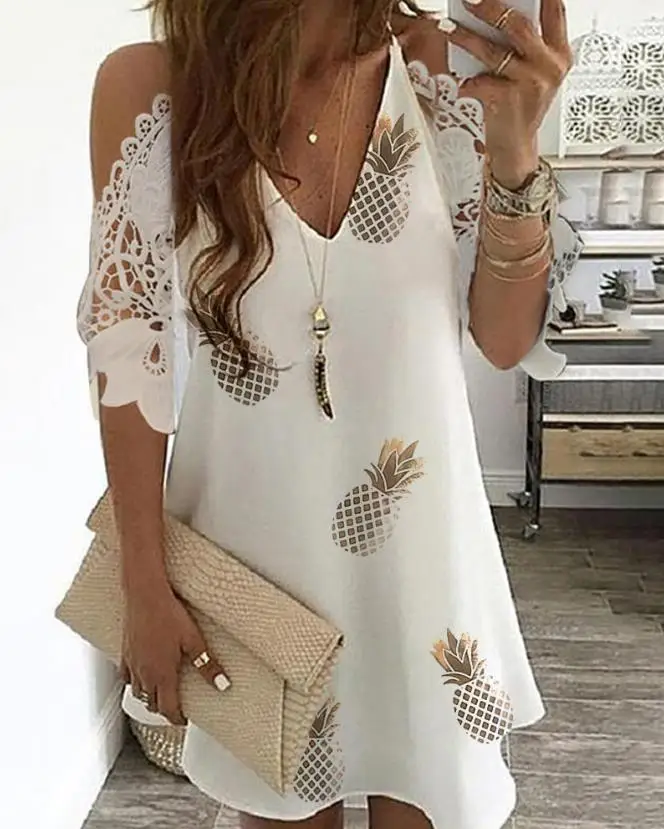 

Women's Dress Fashion 2024 Summer Casual Daily Pineapple Print V-neck Strap Cold Shoulder Lace Half Sleeve A Line Mini Dress