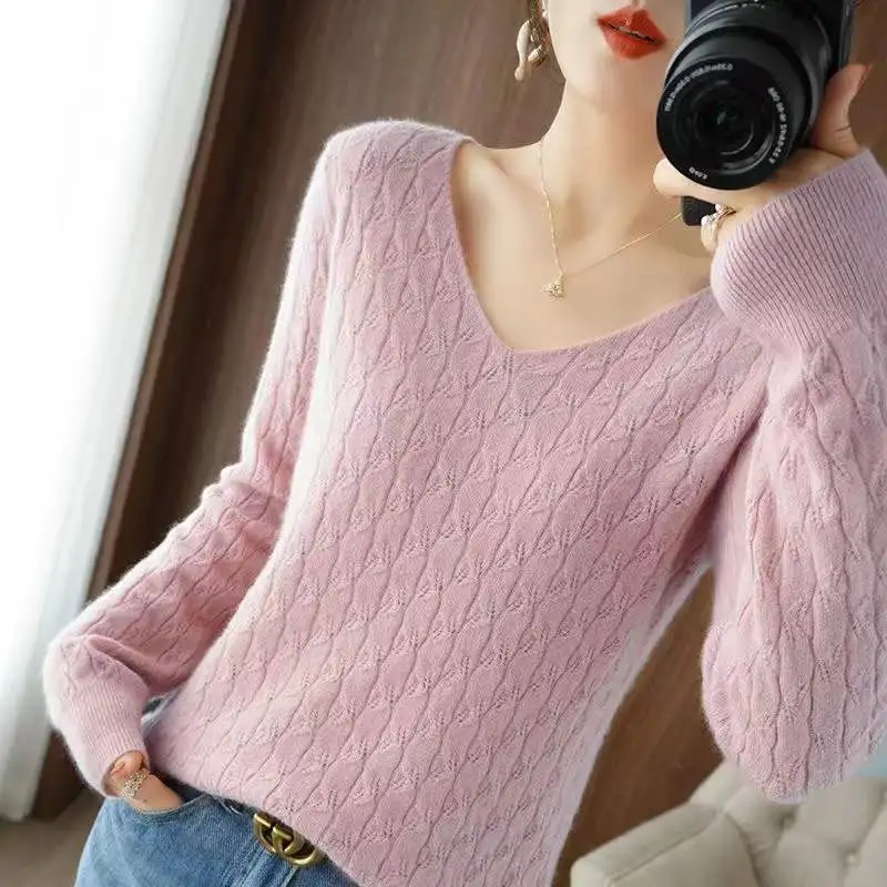 Women Autumn Simplicity Loose Fashion Hollow Out V-neck Long Sleeve Knitwear Women Clothes Temperament Knitting Bottoming Shirt