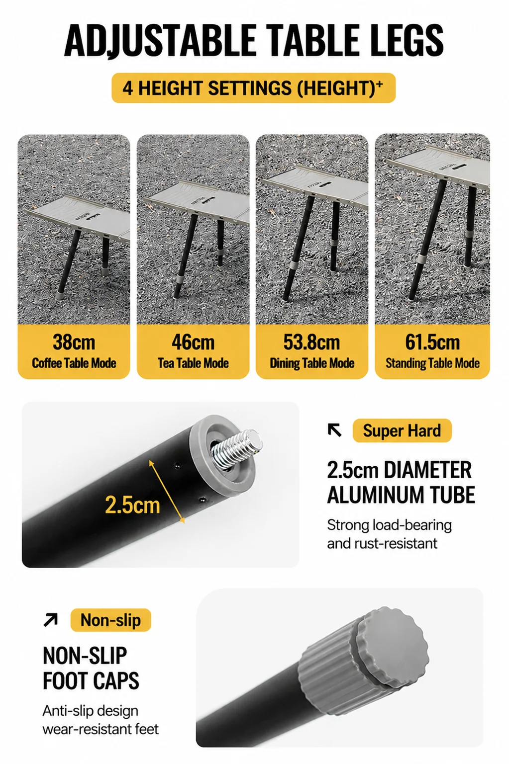Klappbarer Campingtisch, leichter Outdoor-Tisch mit 4-stufig verstellbaren Beinen, multifunktionaler Kochtisch, Windschutz & Tasche – Detail 11