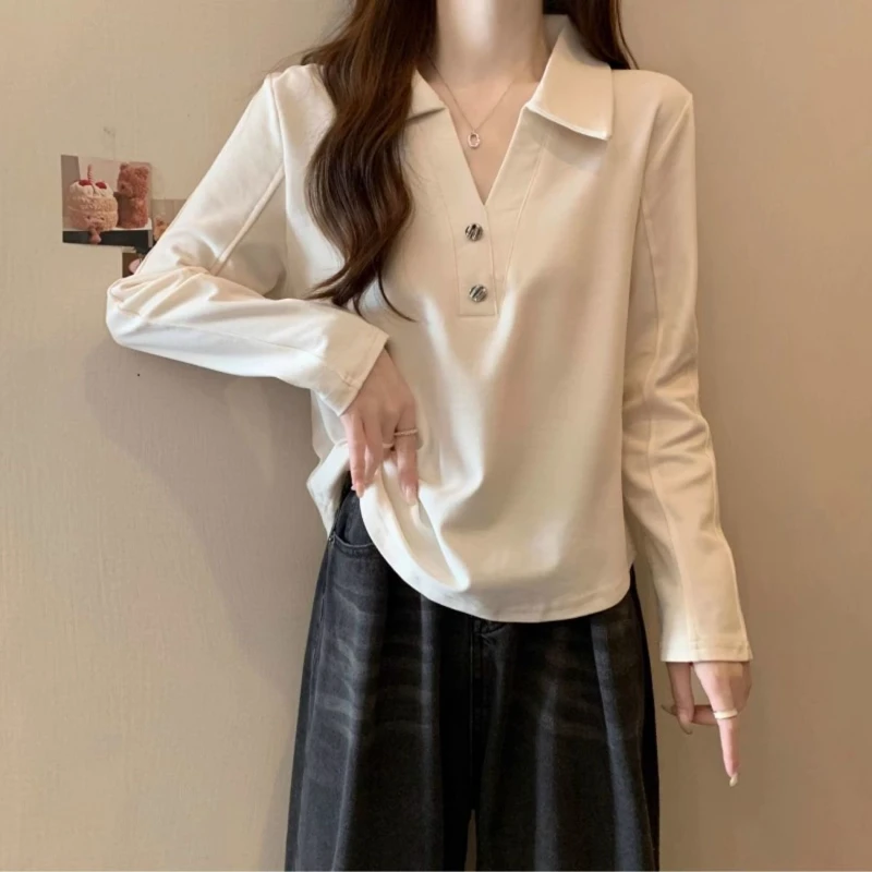 

Женская осенне-зимняя облегающая футболка-поло с длинным рукавом из хлопка ​ Приталенный топ, подчеркивающий фигуру, для повседневной офисной носки