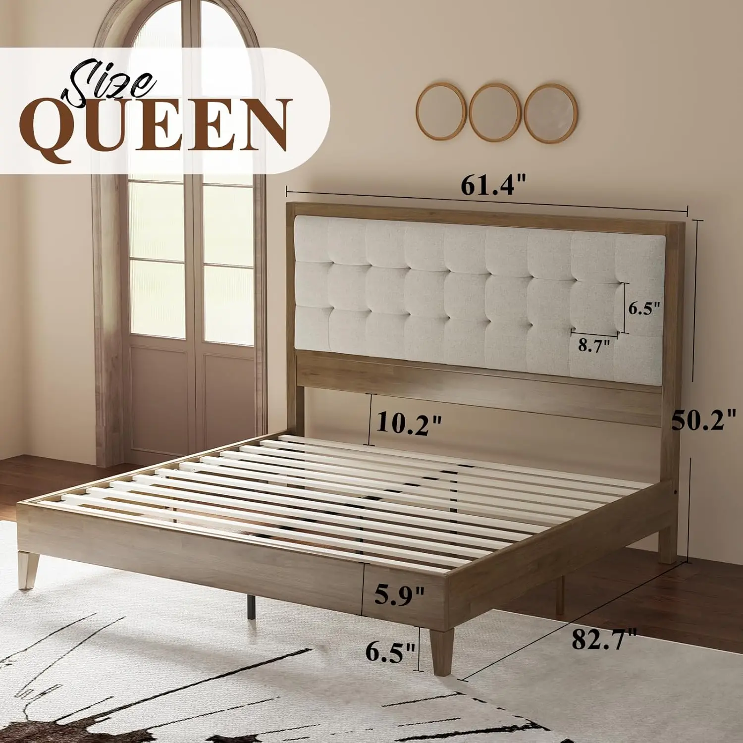 Wood Platform Bed Frame Queen Size Upholstered Tufted Headboard/Solid Wood Bed No Box Spring Needed,Ash Gray