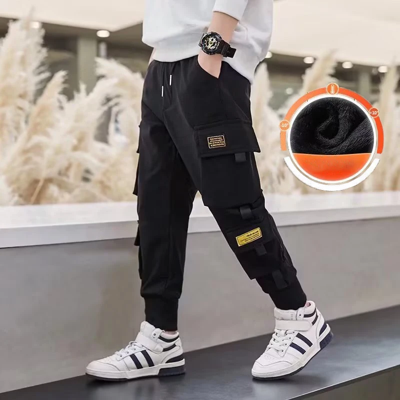 Boys' Workwear Pants Children's Autumn And Winter New Pants Middle-aged Boys' Sportswear Casual Loose Waist Plush Pants Trend