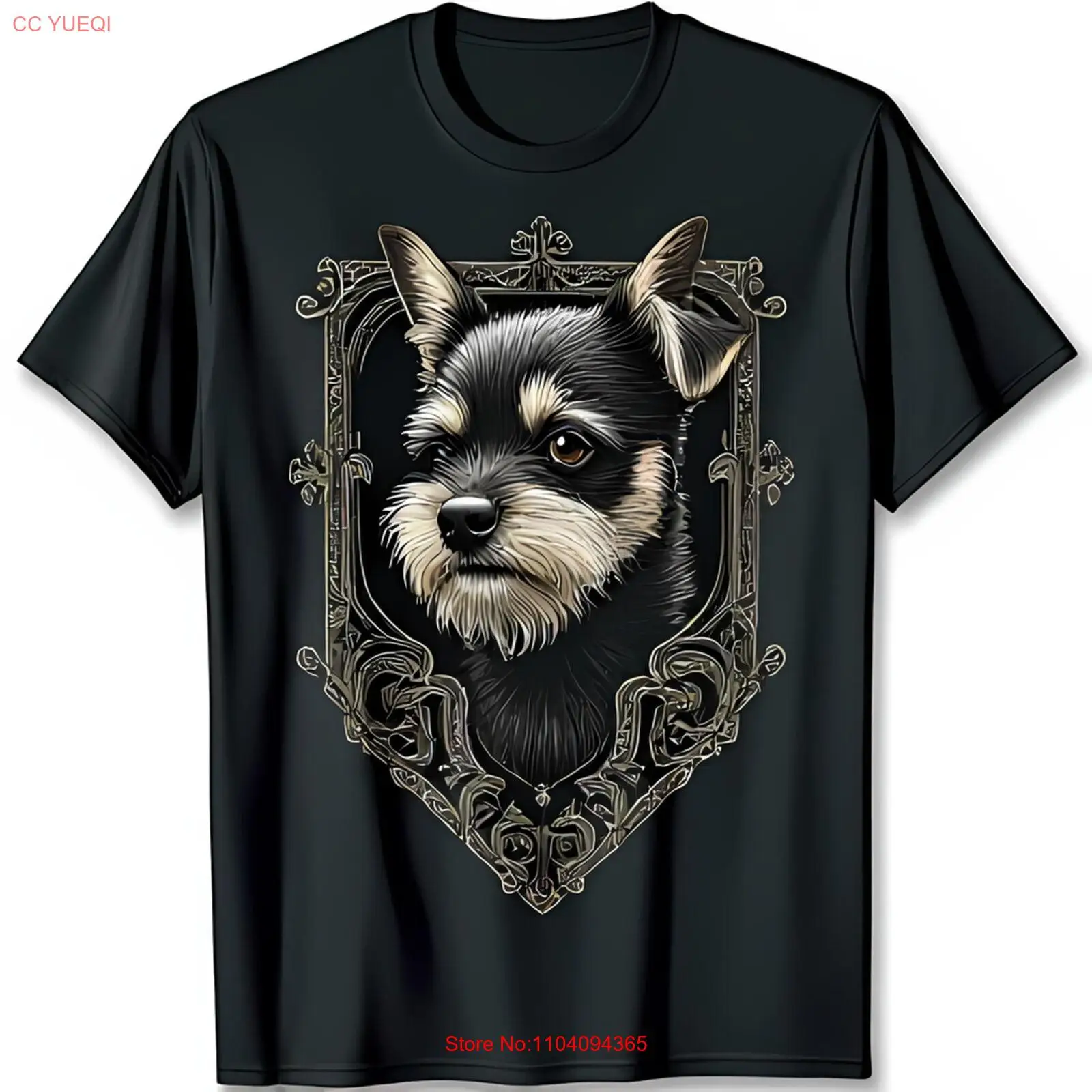 Altın Detaylı Koyu Saçlı Köpek Grafikli Zarif Siyah Tişört