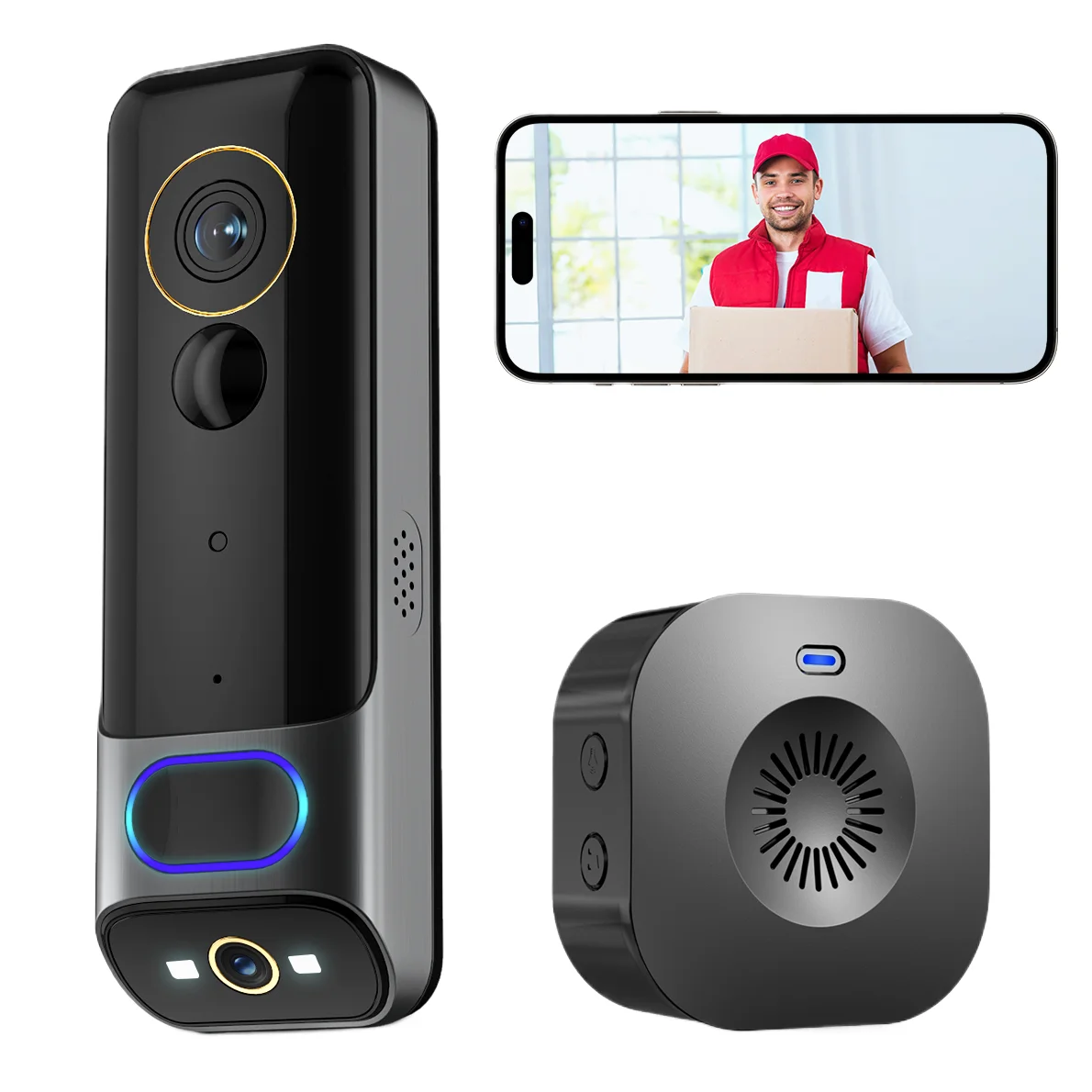 

2025 New Two Lens 2K HD Smart Wireless Motion Sensor Wifi Door Camera Bell Two-Way Audio Camera 128G TF Card with Chime for Home