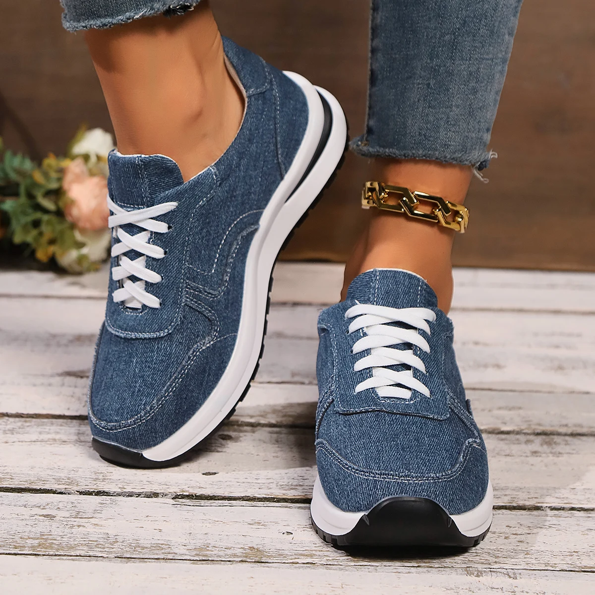 Blue Denim Platform Sneakers Women Fashion Thick Sole Lace Up Sports Shoes Woman Plus Size 43 Comfortable Casual Female Sneakers