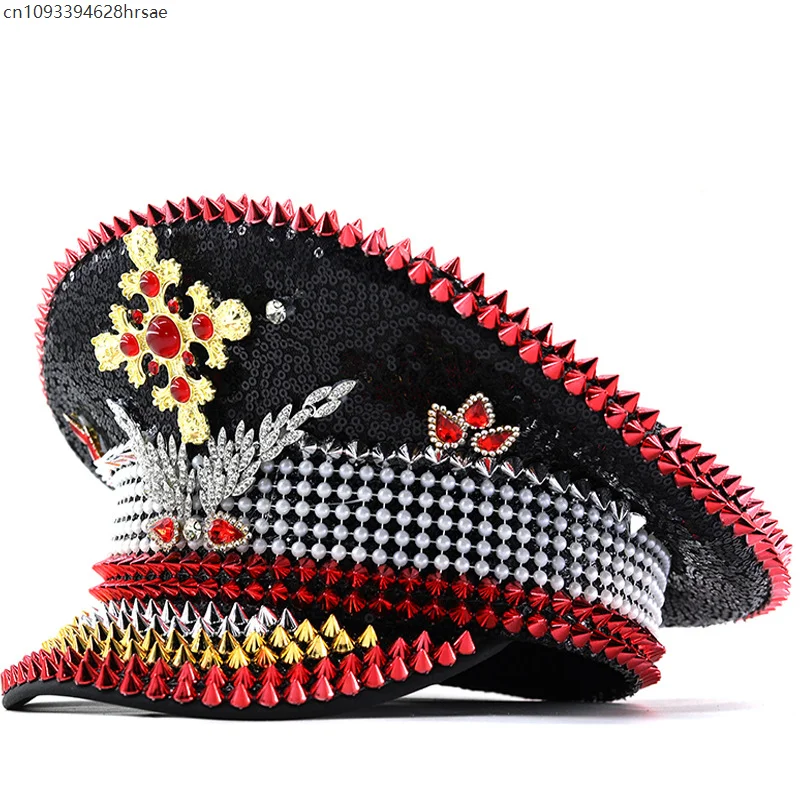 Steampunk Captain Hat Rivet Sequin Masquerade Festive Performances Unisex Adult Military Cap Rhinestone Festival Halloween Hat