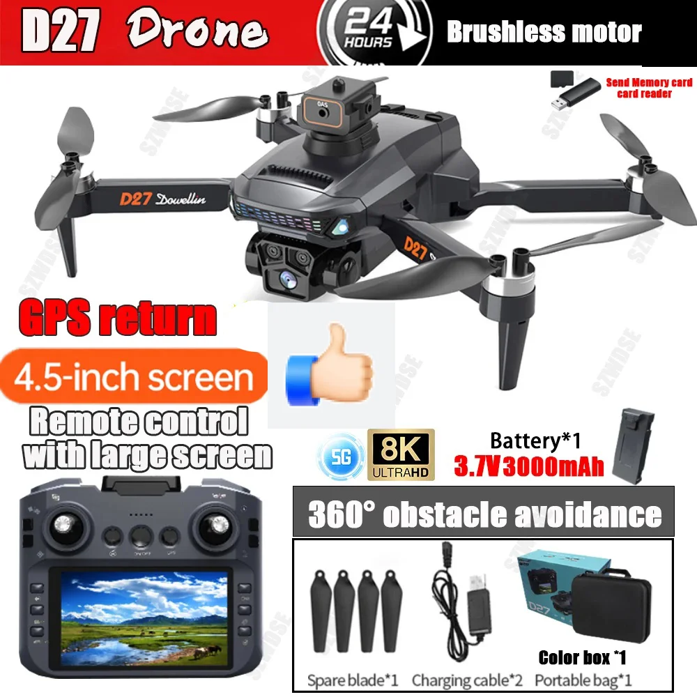 2025 D27 Pro MAX GPS Drone 8K Professional HD Camera 5G WIFI FPV 360 ° Quadrirotor RC large screen brushless to avoid obstacles