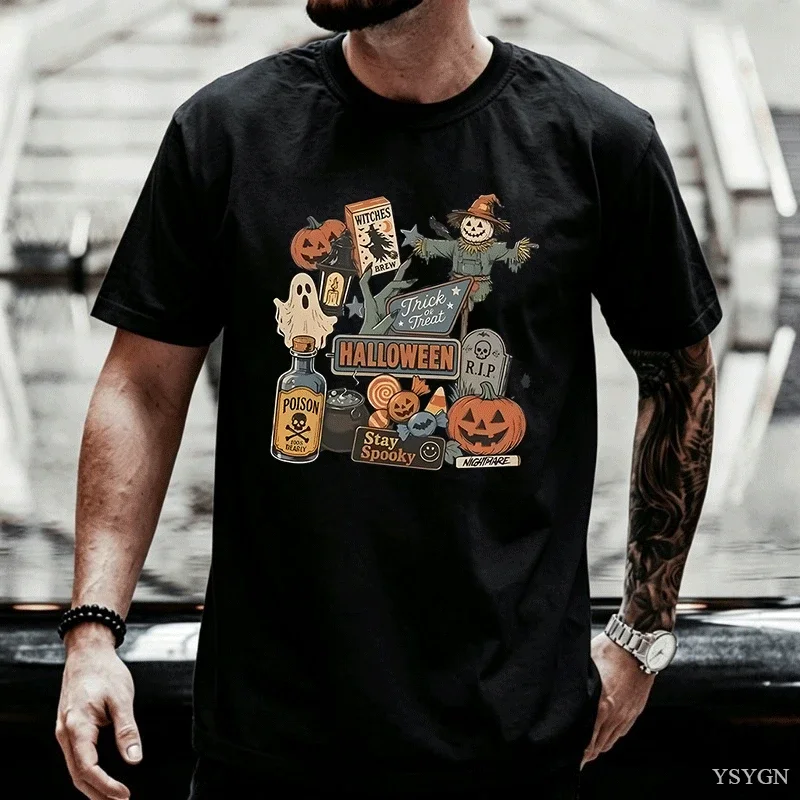 Halloween T-Shirt Men Women's Spooky Season Graphic Tee Pumpkin Ghost Scarecrow T-Shirt Cotton Short Sleeve Loose Tees
