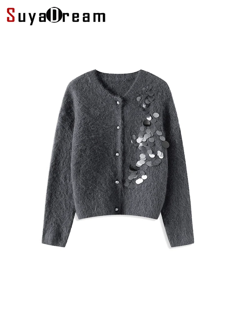 SuyaDream, Woman Cardigan, 57%Alpaca, Round Neck, Appliques Chic Sweaters, 2024 Fall Winter Jackets, Charcoal