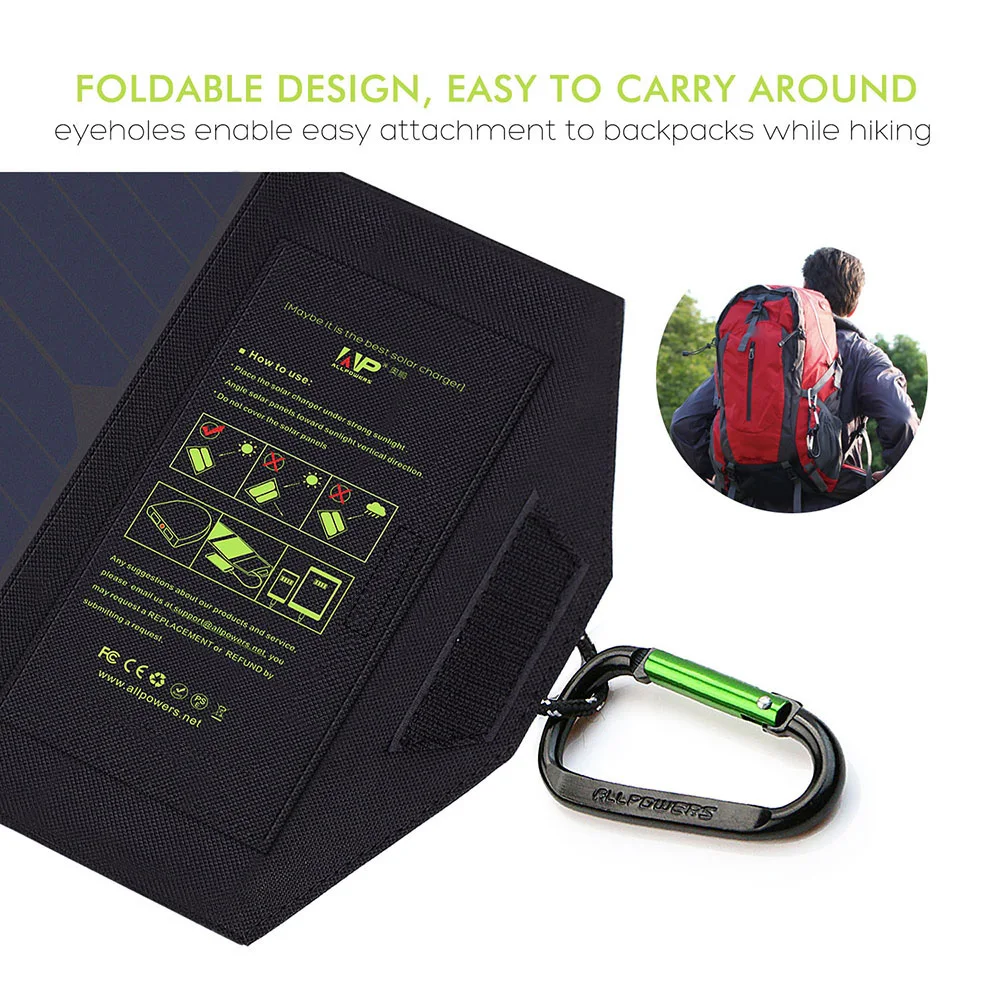 ALLPOWERS-carregadores portáteis de bateria solar, painel solar, carregamento por telefone, caminhadas, camping, ao ar livre, 21W, 5V