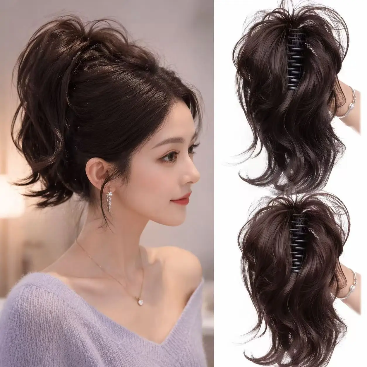 60gShort Wavy Hair Ponytail Wig Synthetic Claw Clip Hair Extensions Fluffy Hairpiece High Top Bun Ponytail for Women Daily Use