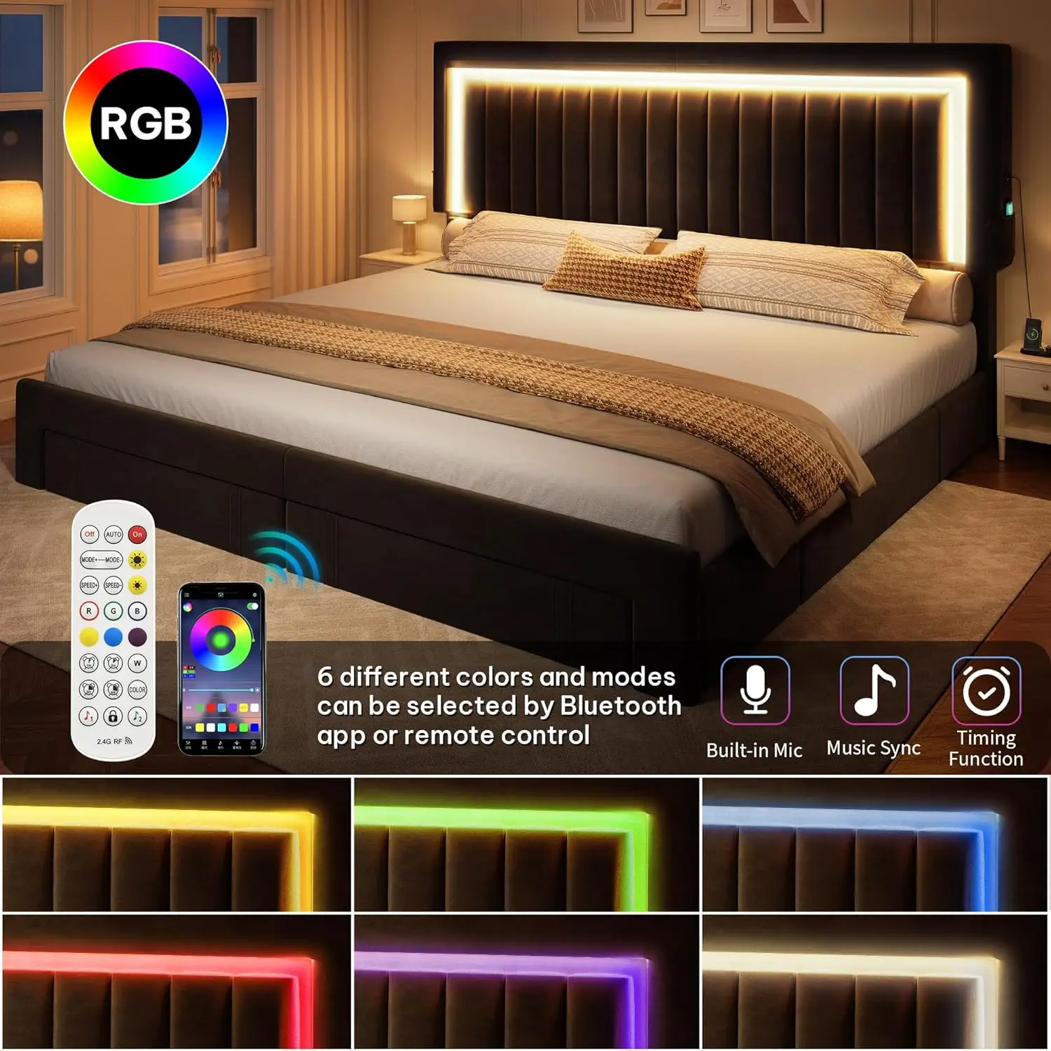 King Size Bed Frame with Velvet Vertical Tufted Upholstered Adjustable Headboard, 4 Storage Drawers, RGB LED Lights and USB Port - view 3
