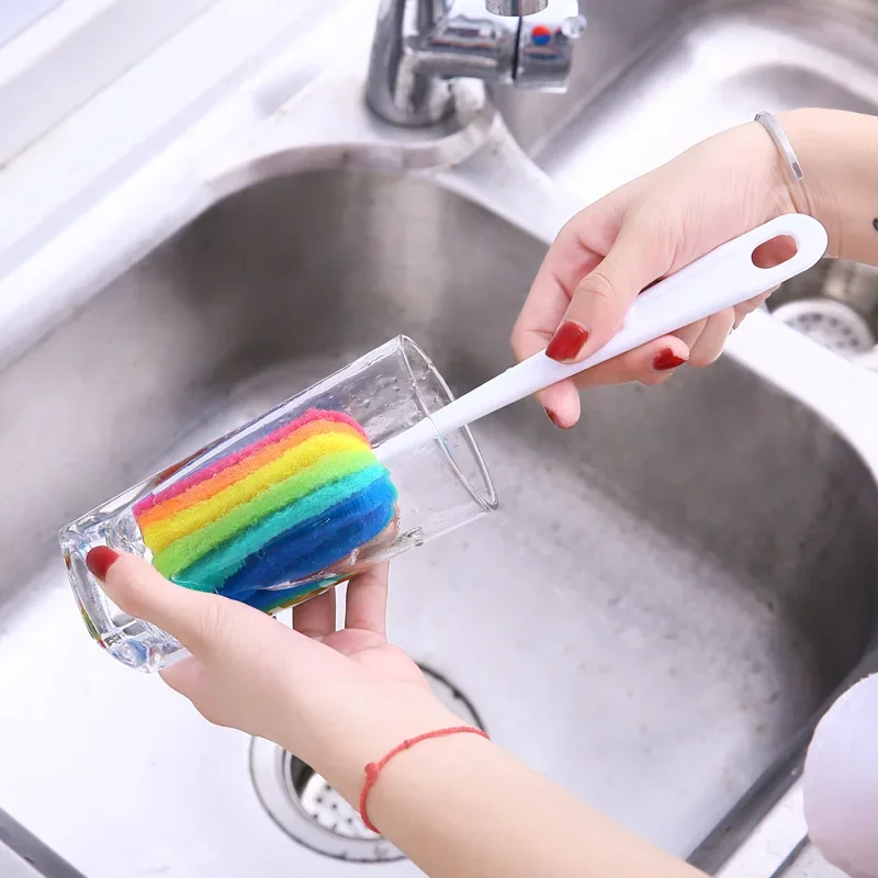 1PC Rainbow Sponge Brush Water Bottle Cup Mug Glass Washing Sponge Cleaning Brush Scrubber with Handle Cleaning Utensils