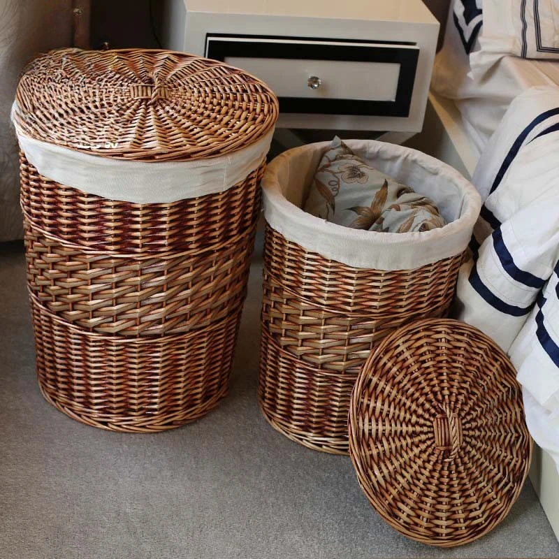 With Cover Storage Baskets Wicker Weaving Laundry Baskets Bedroom Clothes Organize Buckets Toys and Miscellaneous Home Storage
