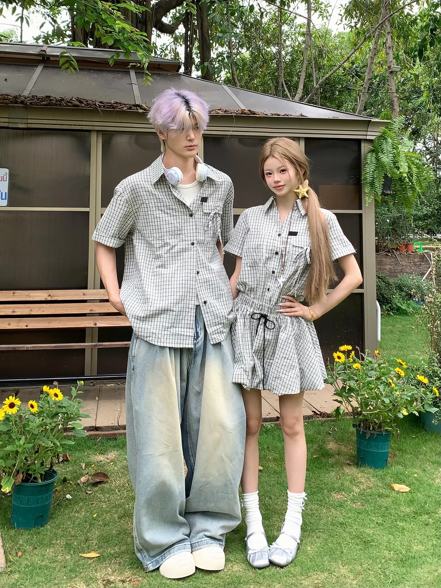 American Retro Plaid Shirt Couple's Outfit Summer Design Flower Bud Short Skirt Waist Cinching Slimming Dress One Shirt One S...