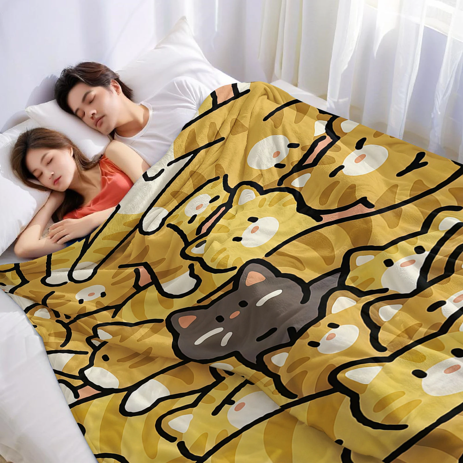 Orange Cat Halloween Flannel Fleece Blanket Fluffy Warm Cozy Throw for Sofa Bedroom Home Holiday Decoration Gift