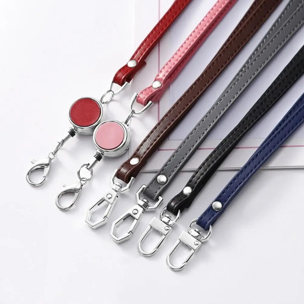 Leather Retractable Neck Strap Neck Hanging Name Tag Lanyards Telescopic Sling Bright Colors License ID Badge Holder Work Office