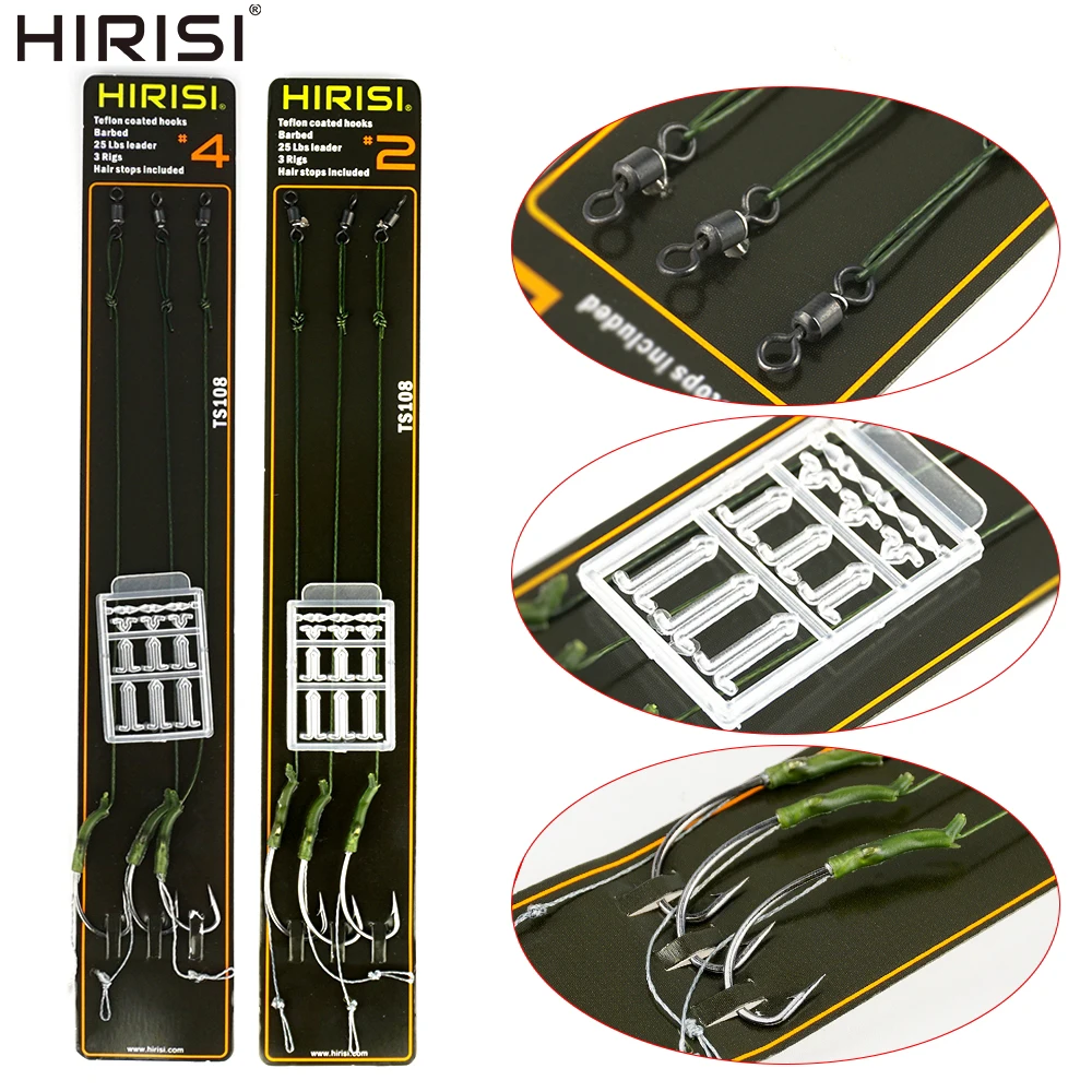 HIRISI - 3 Conjuntos de Aparejos de Pesca de Carpa - Anzuelos de Carpa con Púas y Línea Recubierta, Accesorios de Pesca Pre-Atados TS108