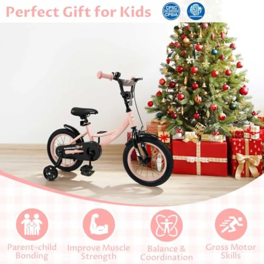 14-inch peuterfiets voor 3-8 jaar oud met afneembare zijwieltjes Dubbele remmen Verstelbare stoel Stuurhoogte Roze fiets