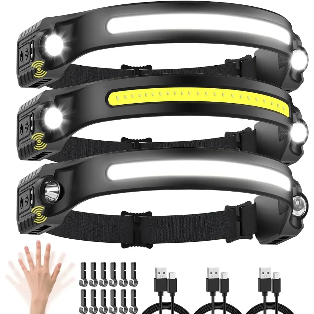 

Rechargeable Headlamp with 2 Spotlights, 3Pack LED, Wide Beam Motion Sensor for Camping Running