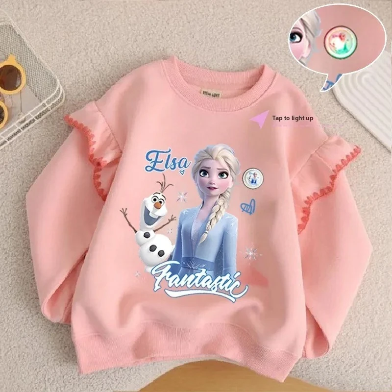 

2025 Elsa Girls Hoodie, Color-Changing Light-Up Stripe Top with Flounce Sleeves Cotton Comfort