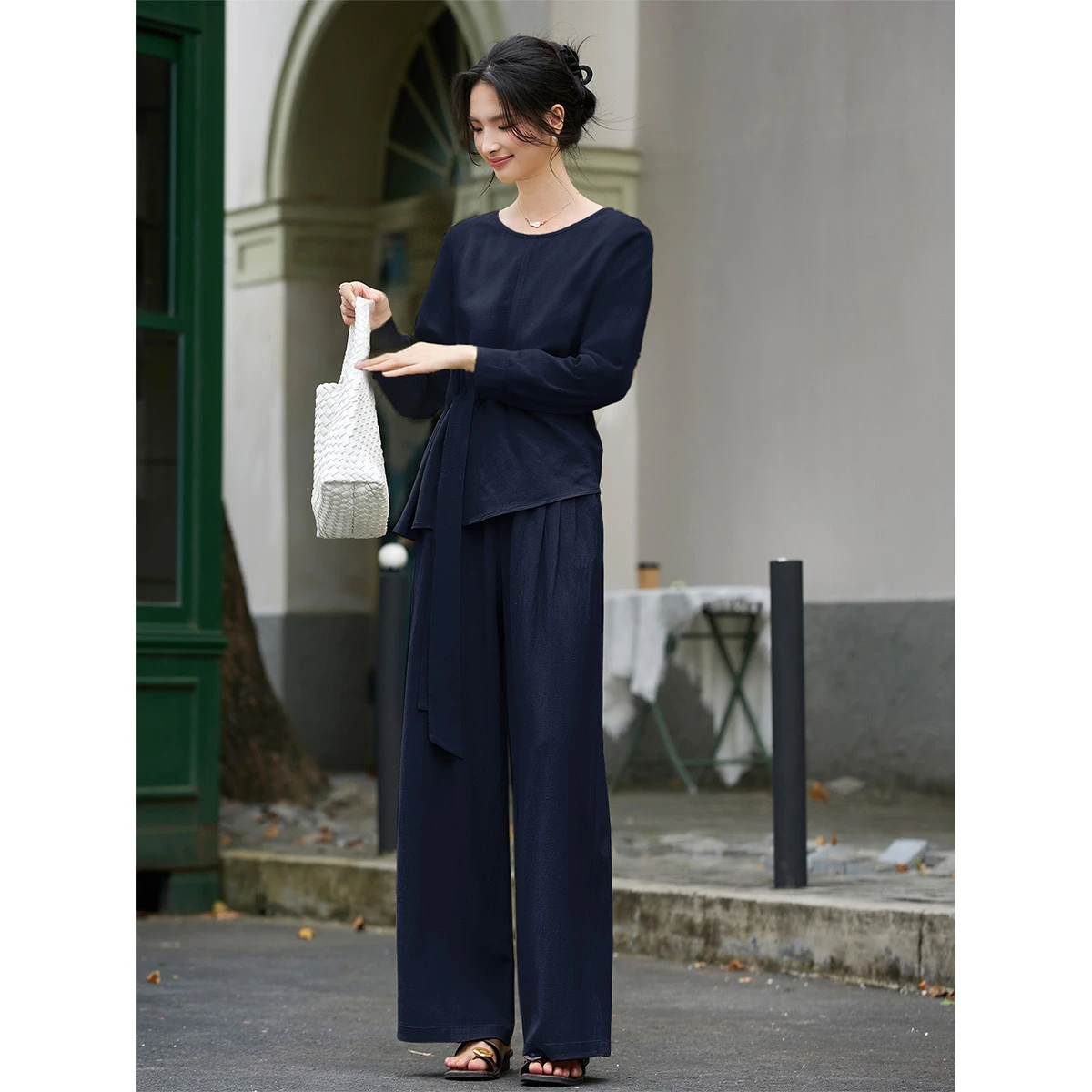 VIMLY Set di pantaloni da pendolare casual da donna Autunno Nuovo set di due pezzi solido Tie-frente Manica lunga O-Collo Top Pantaloni a gamba larga Set A2900