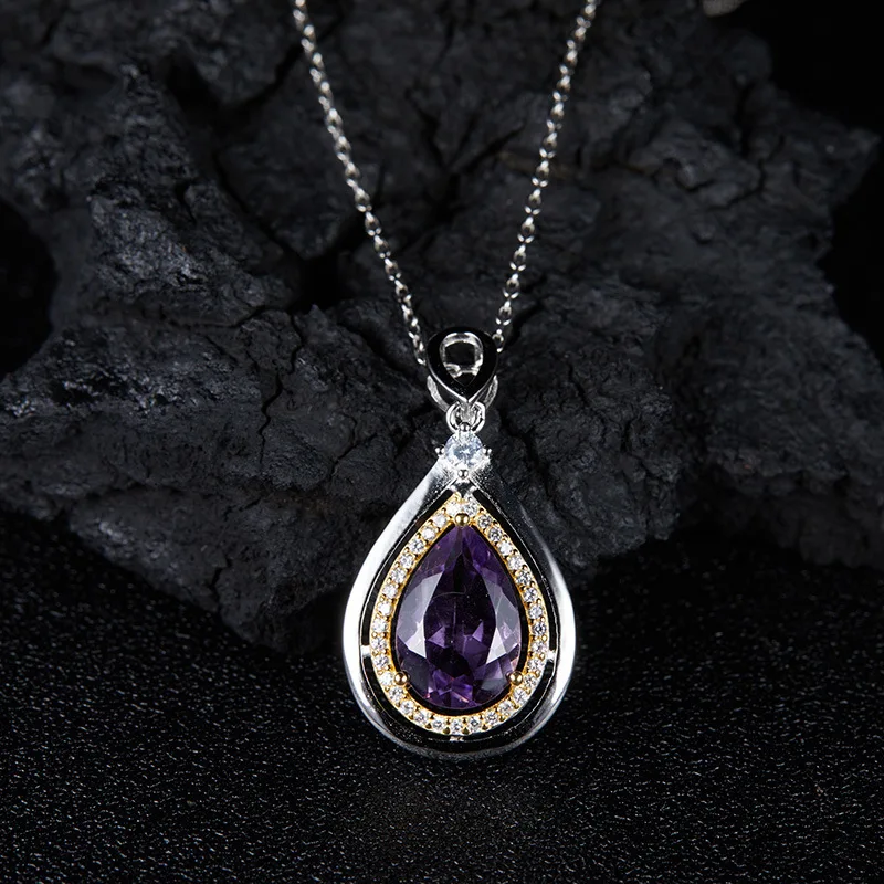 

s925Sterling Silver Inlaid Natural Gemstone Amethyst Pendant Water Drop Shape Light Luxury High-end Necklace for Women Hot Item