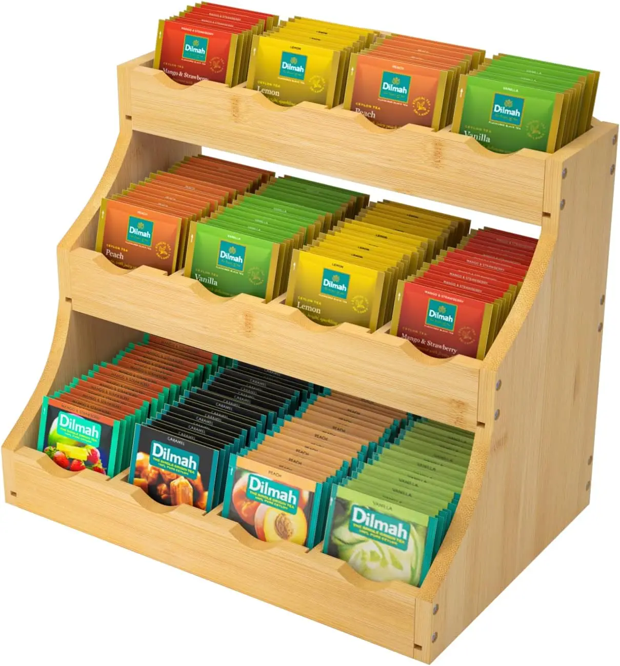 

Bamboo Tea Bag Organizer, 3 Tier Vertical Tea Holder for Kitchen Counter, with 12 Adjustable Partitions